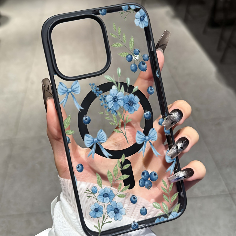 Casing Bening Motif Bunga Blue - Clear Magsafe Case ulasan dan harga